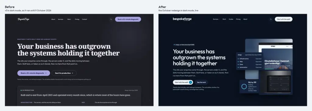The homepage in dark mode before and after: charcoal with lavender buttons, then a full navy theme with a white button
