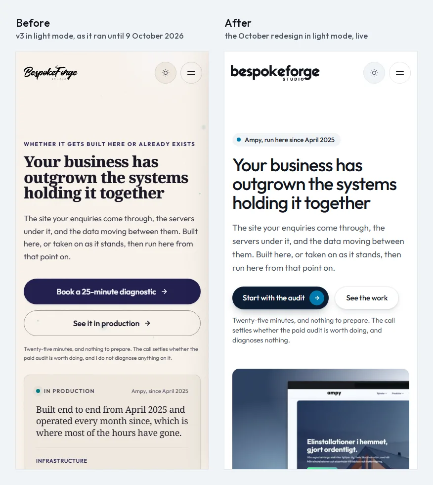 The homepage in light mode before and after on a phone, side by side