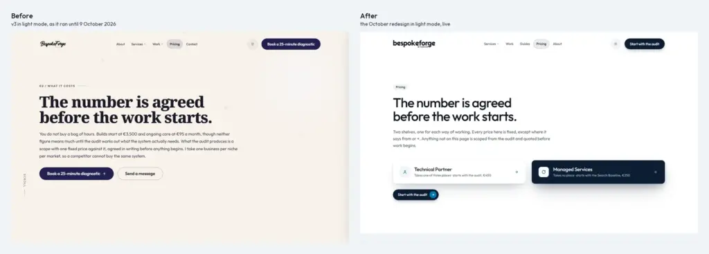 The pricing page in light mode before and after: the old warm-paper hero, then the new white hero with the two shelves as cards