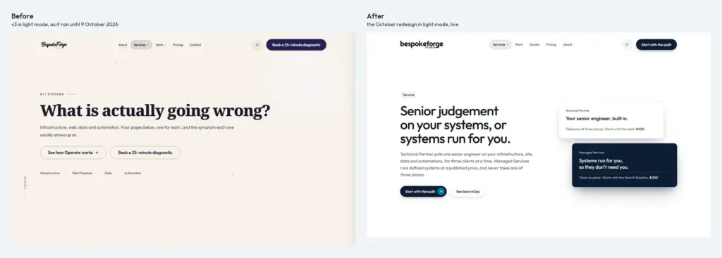 The services hub in light mode before and after: the old warm-paper hero, then the new hero with the two ways in as cards